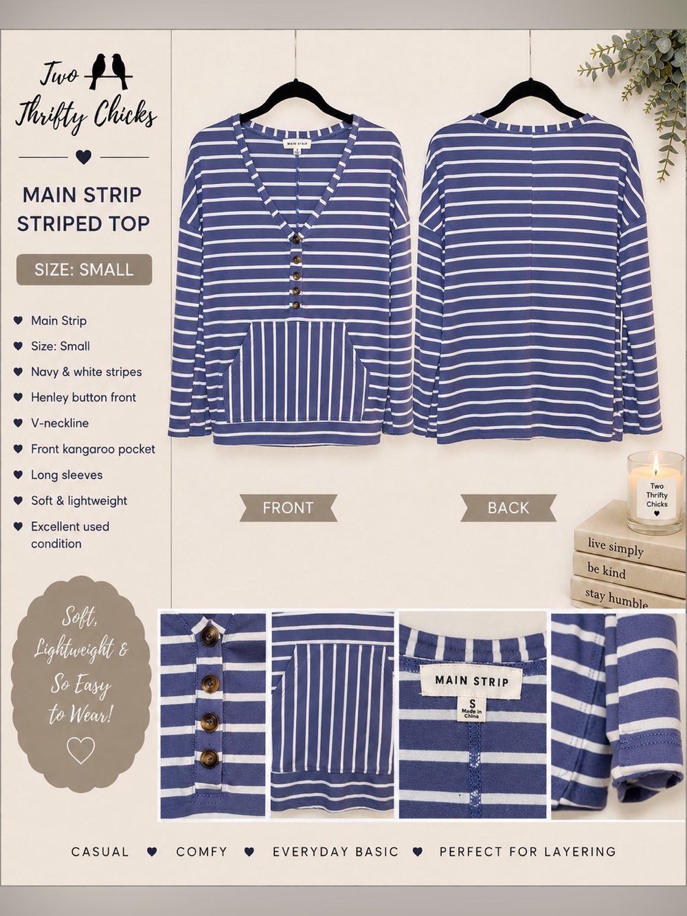 Main Strip Navy & White Striped V-Neck Henley Pullover | Size Small | GUC